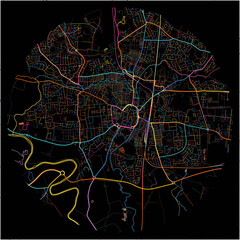 Colorful Map of Darlington, North East England with all major and minor roads.