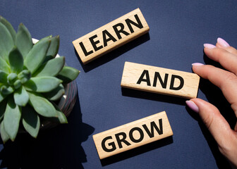 Learn and grow symbol. Concept words 'Learn and grow' on wooden blocks. Beautiful deep blue background. Businessman hand. Business and Learn and grow concept. Copy space.
