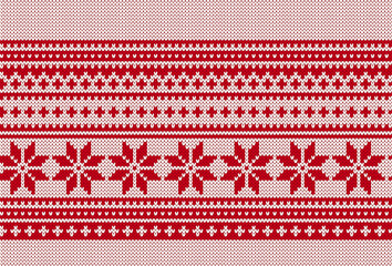 Festive sweater traditional ornament. Xmas print. Christmas red knitted texture with snowflakes ornament border. Knit seamless pattern. Holiday background. Vector illustration.