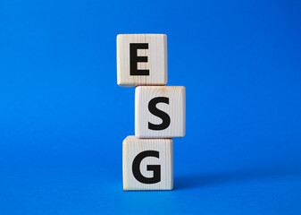 GSG - Environmental, Social and Governance symbol. Concept word GSG on wooden cubes. Beautiful blue background. Business and GSG concept. Copy space.