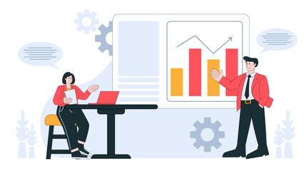 Business meeting in flat vector illustration style design related to market research, company report, teamwork and discussion in white background with geometric elements.