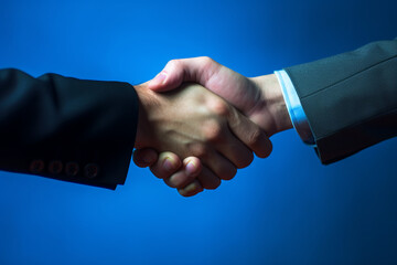Handshake of business people. Blue background. Generative AI
