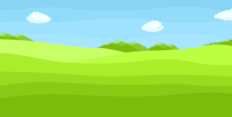 Natural landscape with fields, hills, blue sky and clouds. Rural scene horizontal background in flat style. Panoramic view of the summer landscape. Vector illustration