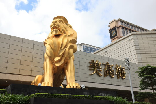 Macau, China July 2 2023: statue of golden lion in MGM Cotai, it is one of famous casino and resort in macau
