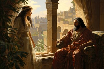 Illustration of King David sitting in the window of his palace talking to Bathsheba his wife Generative AI
