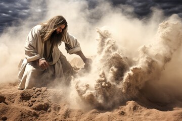 Jesus Christ in Creation creating all things including man from the dust of the earth Generative AI Illustration