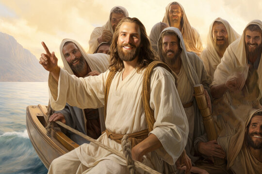 Selfie of Jesus Christ accompanied by the apostles on a boat on the Sea of Galilee Generative AI Illustration