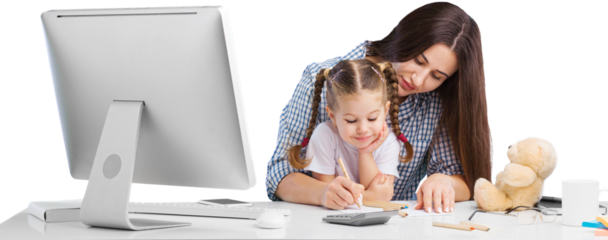 Working young mother for computer it home with little spoiled child . Mom or teacher and little girl child learn it home.