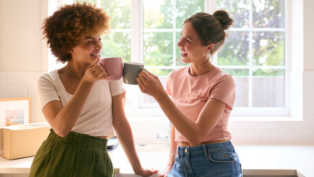 Two Female Friends Or Same Sex Couple Taking A Coffee Break From Unpacking On Moving Day In New Home