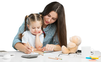 Working young mother for computer it home with little spoiled child . Mom or teacher and little girl child learn it home.
