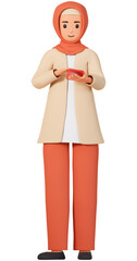 Muslim woman in hijab holding smart phone 3d illustration. Network communication concept with 3d muslim girl character using cell phone