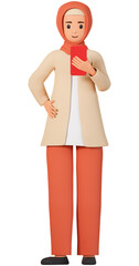 Muslim woman in hijab holding smart phone 3d illustration. Network communication concept with 3d muslim girl character using cell phone