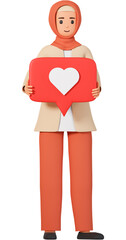 Muslim woman in hijab hold speech bubble with heart icon on it 3d illustration. Social media concept with muslim girl holding like button sign in speech bubble 3d illustration