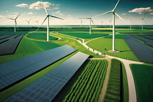 Green Energy Field with Wind Turbines and Solar Panels. Generative AI