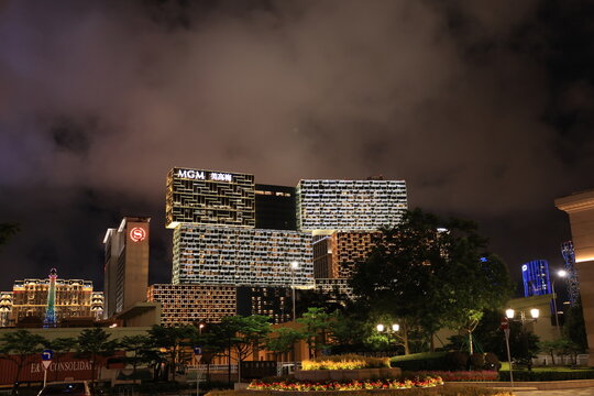 Macau, China July 2 2023: exterior of MGM cotai at night. it is one of famous casino and resort in macau