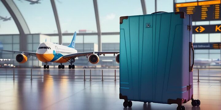 Blue suitcase is in the airport terminal, and there are airplanes outside the window