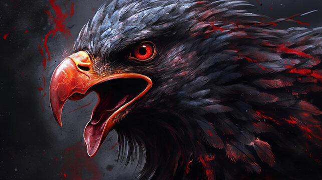 eagle with red wings, aggresive black and red eagle, generative ai