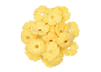 Pile of flower blossom shaped salty puffy cheesy snack crisps isolated on white background