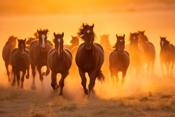 A herd of wild horses gallops freely across a prairie, dust rising in their wake under the setting sun. Generative AI - obrazy, fototapety, plakaty