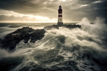 Obraz na płótnie Canvas A solitary lighthouse stands against the backdrop of a stormy sea. Generative AI