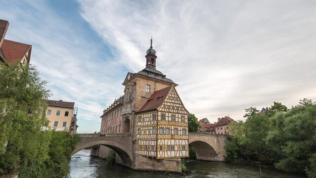 Bamberg Germany time lapse 4K, city skyline timelapse at Altes Rathaus Old Town Hall and Linker Regnitzarm River