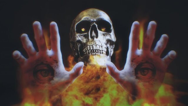 Palm Hands Eyes Skull Burning Wicked Sorcery Spooky Background. Palm hands with creepy eyes with a wicked skull burning witchcraft in the background