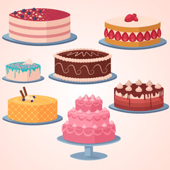 set delicious cakes collection cream sweet bakery pastry cartoon style food cake tasty snack with cream vector illustration