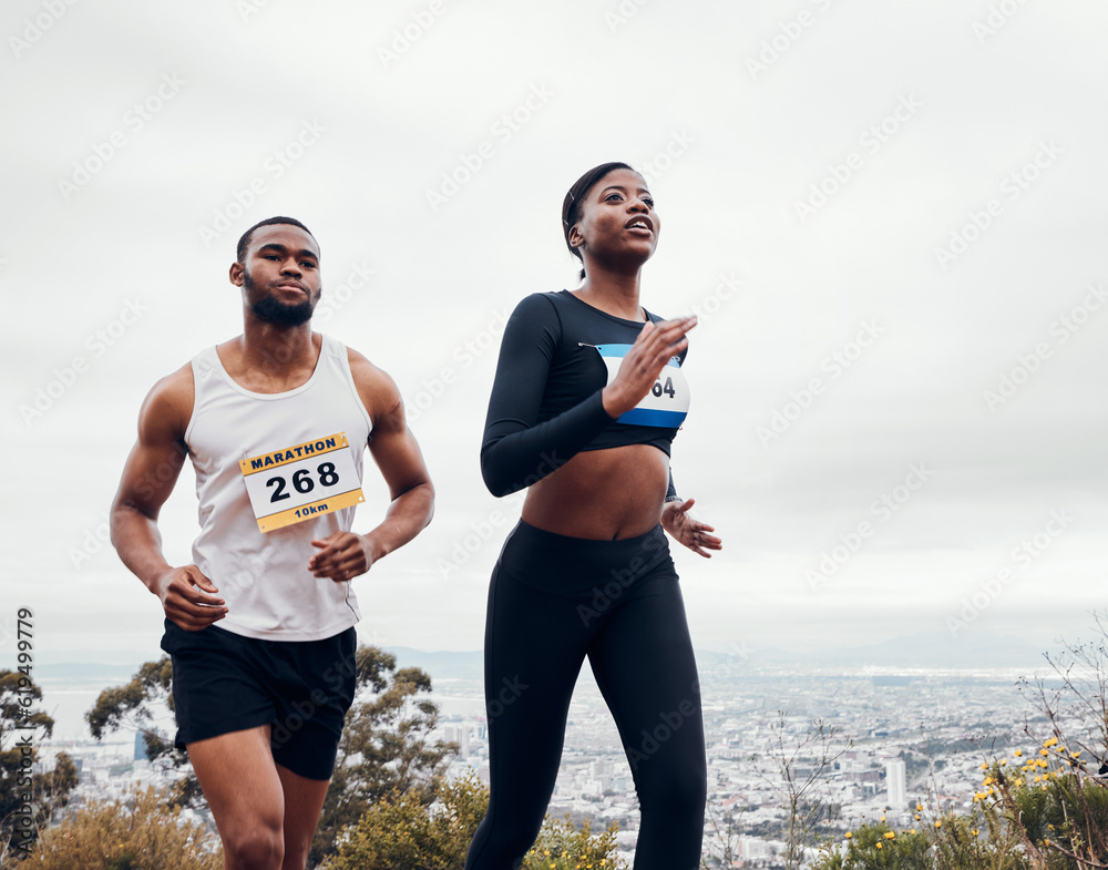 Sticker Running couple, mountain race and wellness with workout and training together for a marathon. Runner, young people and road on a exercise challenge outdoor with sport cardio performance in nature