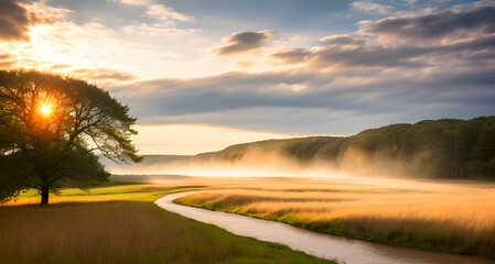 Illustration d'un paysage au soleil levant,IA g&eacute;n&eacute;rative