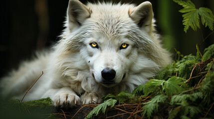 Naklejka premium gray wolf canis lupus, wolf lying on ground, generative ai