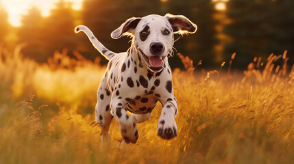 dog in the field, beautiful dalmatin running, generative ai