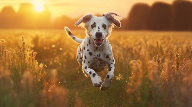 dog in the field, beautiful dalmatin running, generative ai