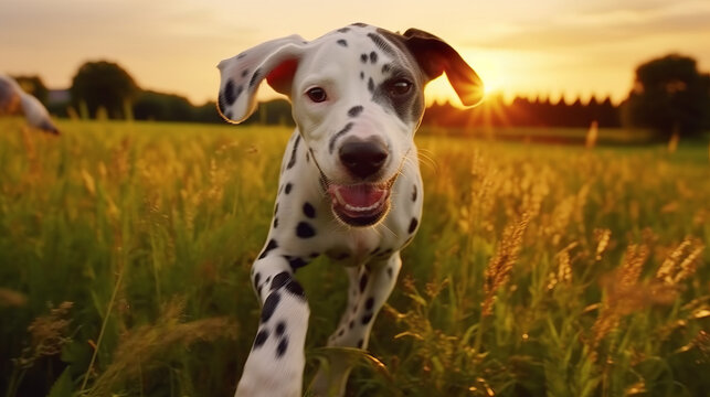 dog in the field, beautiful dalmatin running, generative ai