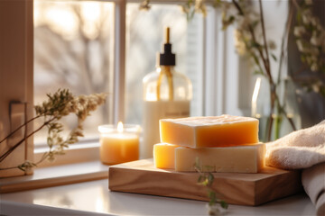 Fototapeta na wymiar Organic handmade soap in the bathroom on the background of the window in daylight