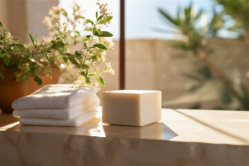 Handmade organic soap in the modern bathroom near the window, spa and natural skin care concept
