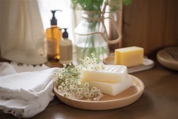 Obraz na płótnie Canvas Handmade herbal organic soap and flowers in bathroom, natural skin care concept