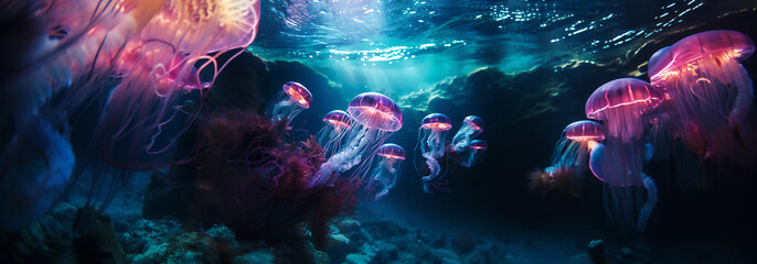 Fototapeta na wymiar Bright colored jellyfish and corals, underwater scene