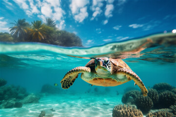Fototapeta na wymiar Sea turtle swimming underwater, underwater world