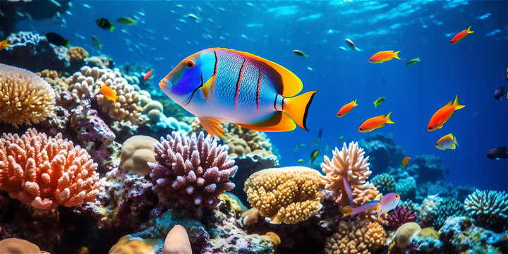 Underwater world, colorful exotic fish close-up and sea plants underwater scene
