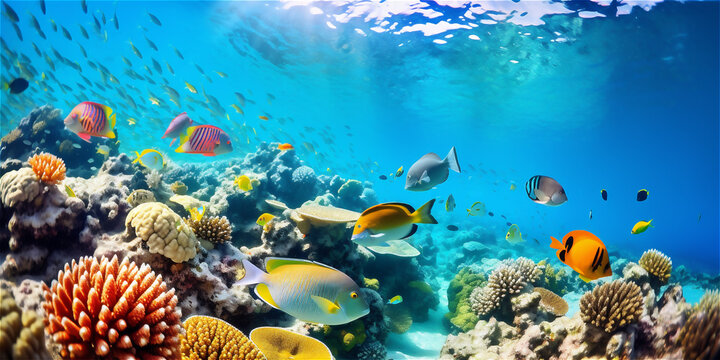 Underwater world, colorful exotic fish and corals underwater scene