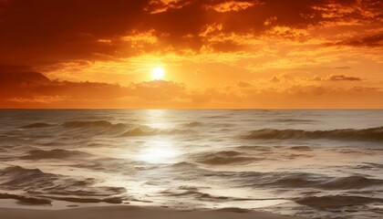 Fototapeta na wymiar 燃えるように赤い夕日と海