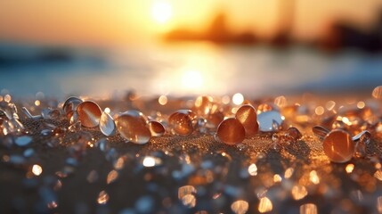 beautiful multicolor crystals on the beach at sunset golden lights natural sea backgrounds