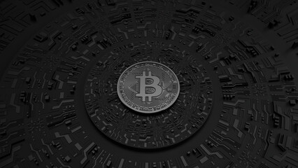 Black Bitcoin on black technological background and futuristic printed circuit. Digital Currency. 3d rendering