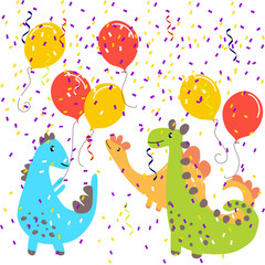 Dinosaur cartoon party card decoration. Happy birthday new year dinosaur cartoons with balloons and confetti vector illustration.