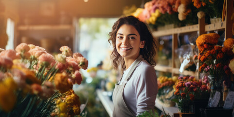 young smiling female florist standing in flower shop. SME entrepreneur. banner with copy space. generative AI - obrazy, fototapety, plakaty