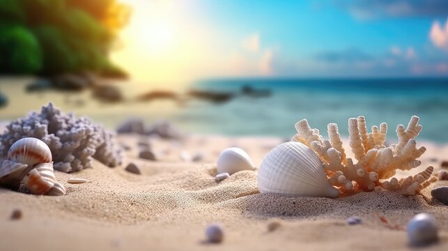 beautiful sea and tropical background with coral sandy beach and sea shells