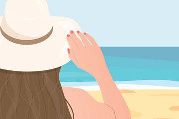 woman in a sun hat at the tropical beach; summer travel concep; ralaxation; sun protection  - vector illustration