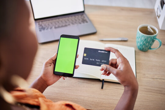 Phone, green screen or hands of woman with credit card on ui mockup space display for financial payment. Remote work, house or copywriter typing banking info on mobile app or fintech website online