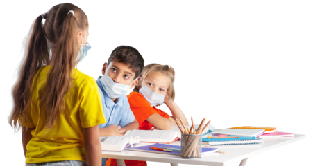 Group of children with face mask back at school after covid-19 and lockdown.