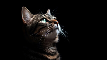 Portrait of cat looking up, generative ai